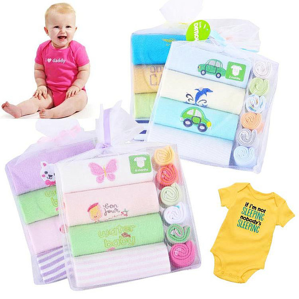 Danrol Baby Short Sleeve Bodysuits Towel Set 4 Romper 6 Handkerchief Christmas Gift Sets Free Shipping