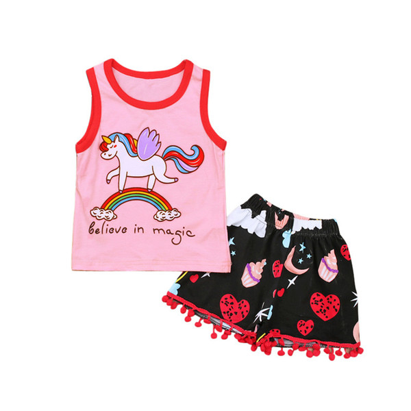 Wh Baby Girls Unicorn Summer Clothing Children Infant Sets Kids 2pcs Unicorn Printed Pony House Rainbow Sets Fur Ball Shorts+Rose Vest Top