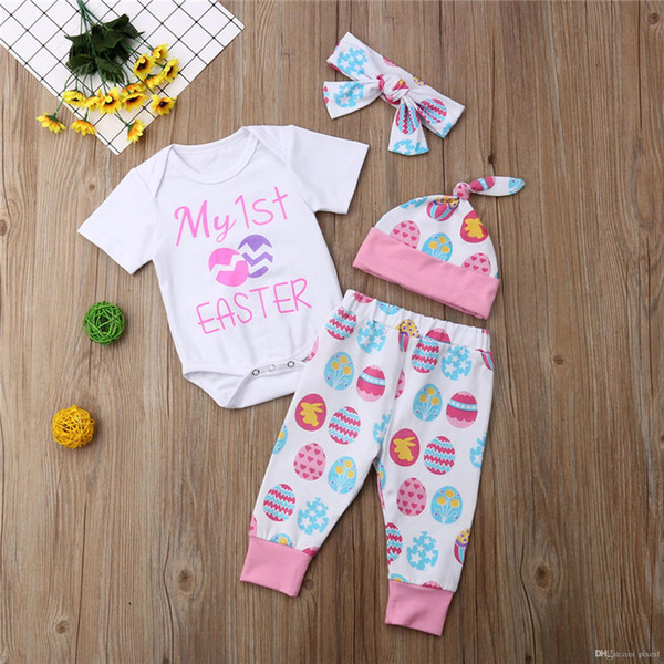 Easter 4PCS Newborn Baby Girls Cotton Short Sleeve Romper Colorful Eggs Pants+Hat Outfits Set Kids Clothes