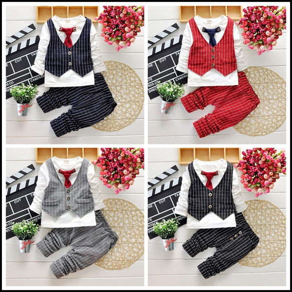 2015 HOT boys gentleman set 2-7Y Children's Autumn Suits clothes Outfits 4pcs T Shirt+Pants+Plaid Vest+Tie free shipping MOQ:24sets SVS0490