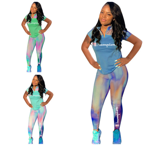 Women Champions Short SLeeves Tracksuit Camo Gradient Zipper T-shirt + Pants Leggings 2 Piece Summer Outfits 2019 Designer Sportswear Sports