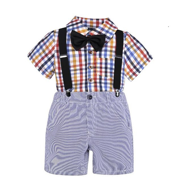 Summer Boy Clothes Sets Kids Clothing Gentleman Suit Plaid Short Sleeve Shirt+Suspender Shorts Children Clothing Set Outfit