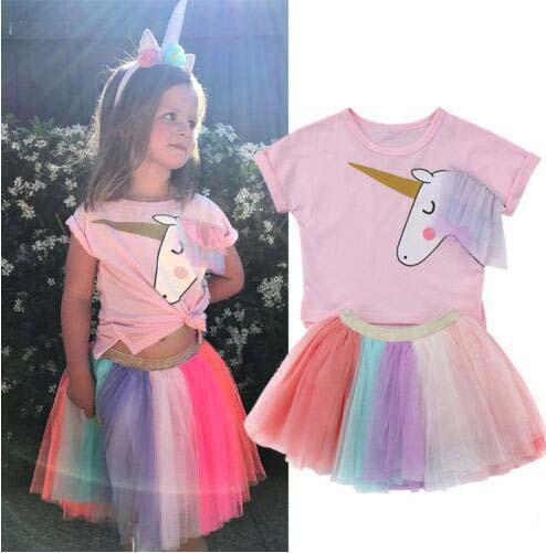 Baby Girls Unicorn Top T-shirt Rainbow Lace Tutu Tulle Skirt Outfits Dress Set Clothes Girls summer Clothes