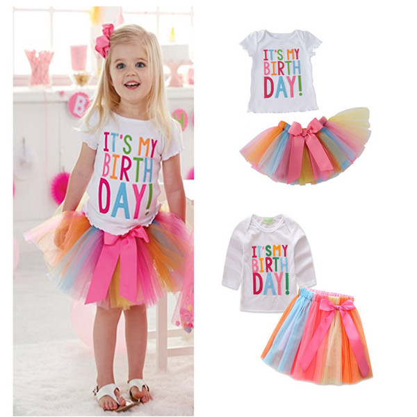 Lovely Baby Toddler Clothing Sets ITS MY Birthday T-shirt Colorful Tutu Skirt Dress Outfit Clothes Cotton Girl Dress 2 COLOR LE20