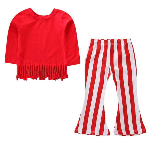 good quality Baby Girls clothes 2PCs Long sleeves Tassel Tops+Stripe Bell-Bottoms Pants kids clothing Winter clothes for children