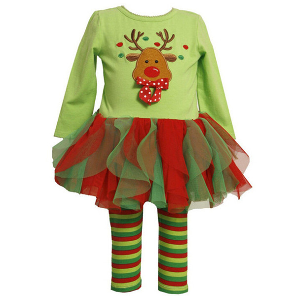 2017 fashion new children's clothing Christmas New Year girls little deer skirt + color pants two-piece suit