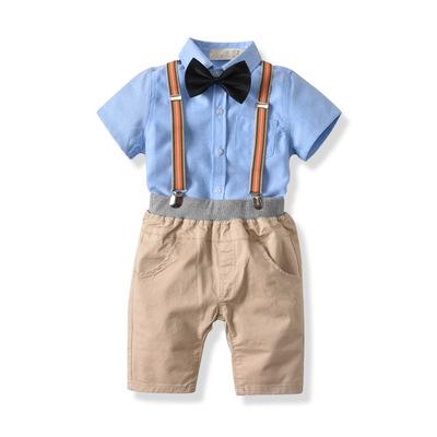 Summer Cotton Boy Bow Tie Gentleman Strap Short-sleeved Shirt Set Children's suit