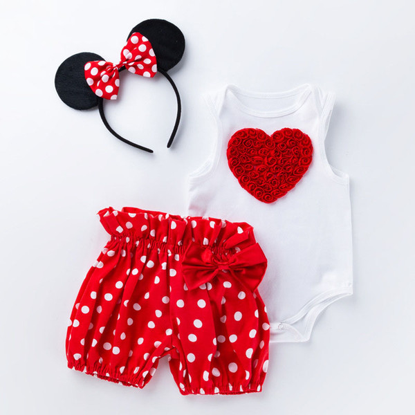 Baby Girl Summer Jumpsuit Children 3Piece Mouse Style With Point Rose Heart Romper Infant Cotton Vest Top Shorts with Hair Clasp Kids Cloth