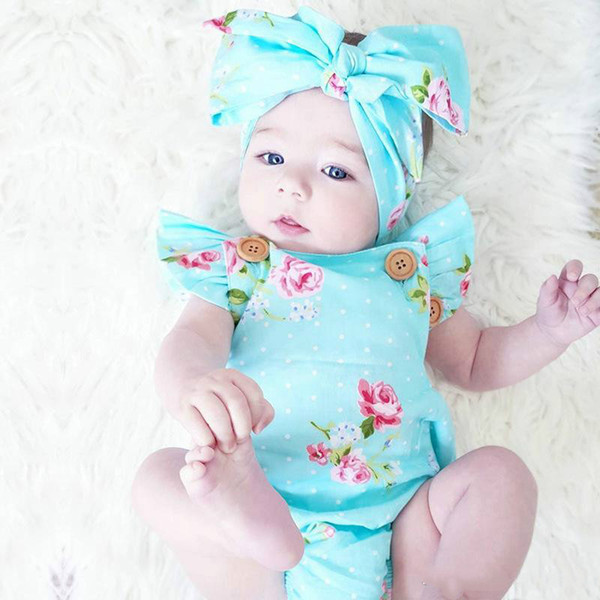 2018 Newborn Baby Girls Summer Floral Rompers +headhand 2pcs Set Baby Girls Infants Flower Jumpsuit Clothes Outfits 0-24M