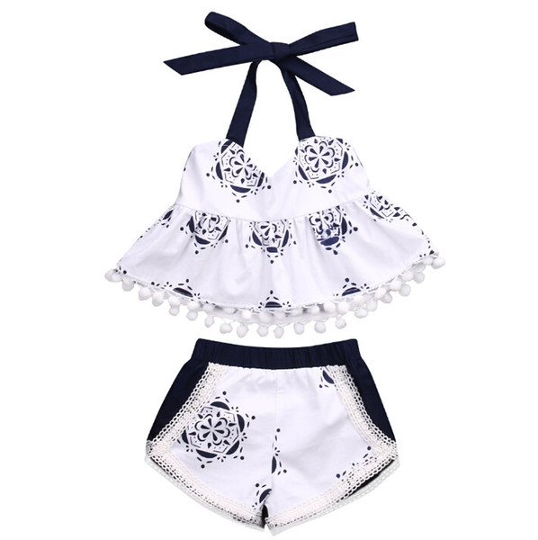 Ins Hot Summer Baby Girls Clothes Retro Elegant Blue White Sling Porcelain Print Tops Shorts Fashion 2018 Kids Girls Clothing Clothing Sets