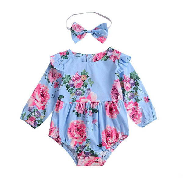 Kids Designer Rompers Headbands Girls Long Sleeve Onesies Baby Jumpsuit Round Neck Floral Print Lace Tassel Hair Ball