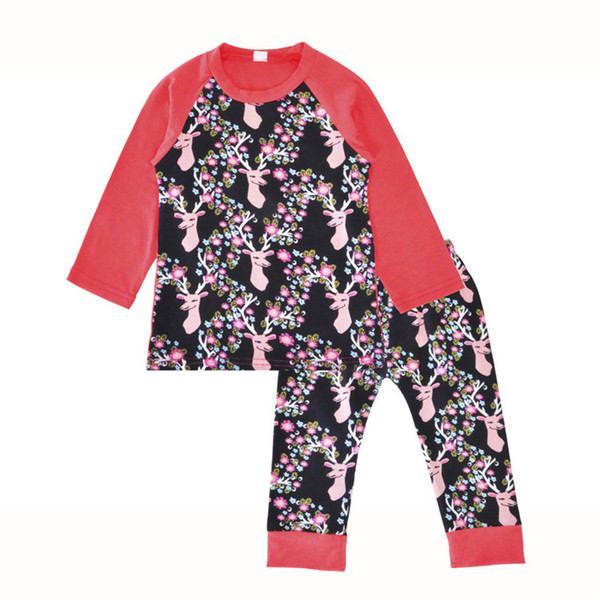 INS Baby Clothes Xmas Christmas Girls 2PCS Set Autumn Winter Deer Flowers Printed Long Sleeves T-shirt Pants Leggings Kids Clothing Sets 195