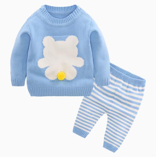 Spring and autumn baby cartoon cotton sweater set 0~3 month unisex baby base knit cardigan gauze pants blue bear