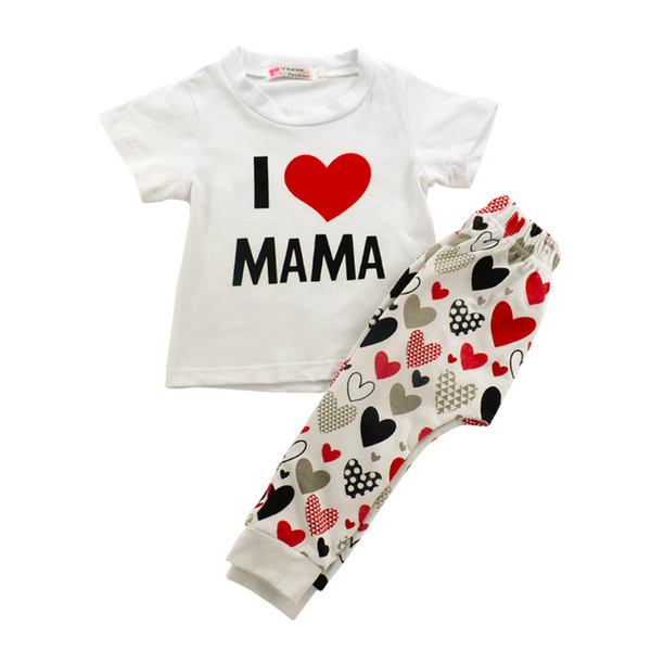 Ins Baby kids Summer boy girl Letter Tshirt I love mon style short Sleeve tops + pant kids clothing set