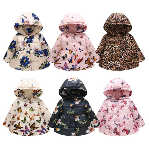 2019 winter girls hooded printing butterfly leopard star fashion thermal outerwear children's buttons cute cotton jacket M069