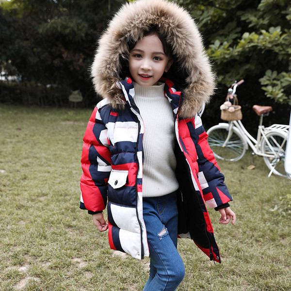 2019 New Autumn Winter Baby Kids Clothing 90%White Duck Down Coats Unisex Hooded Zipper Striped patchwork Letter Outwear Casual Coat CLY051