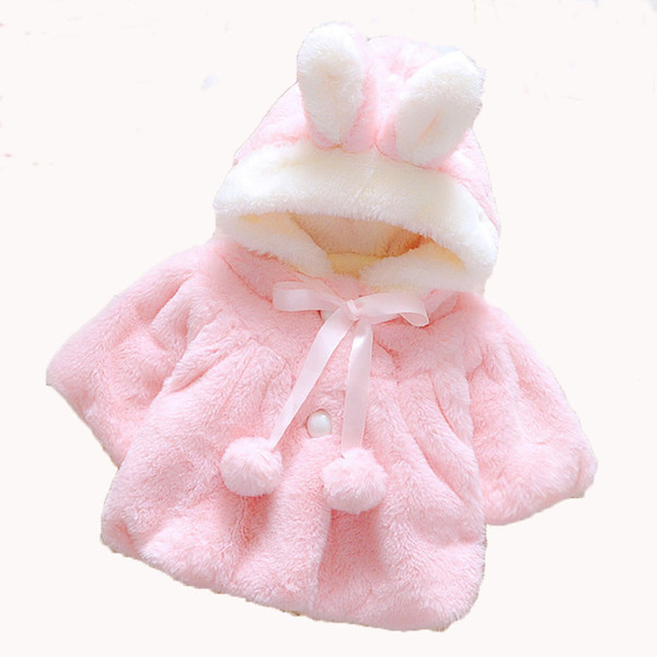 Baby Girls Rabbit Jackets Winter Faux Fur Overcoat For Girls Wool Cloak Sweet Kids Ears Hooded Outerwear Cartoon Kids Coat