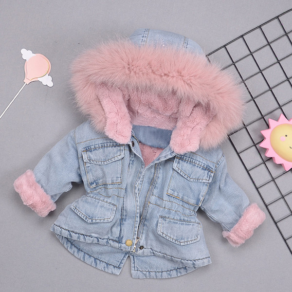 2019 Winter Baby Girl Denim Jacket Plus Velvet Real Fur Warm Toddler Girl Outerwear Coat 1-5 Years Kids Infant Girl Parka