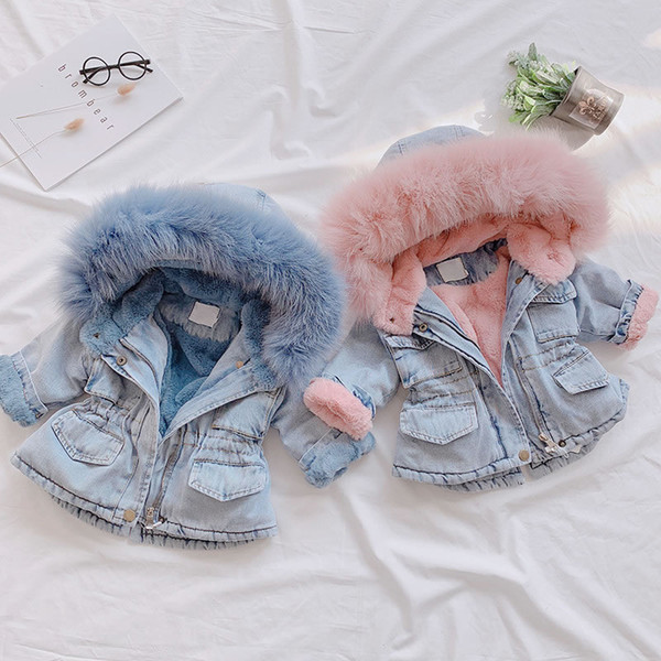 Autumn Winter Baby Girl Denim Fur Coat Clothes Korean Kid Warm Thicken Hooded Outerwear Children Fashion Jacket Park Clothing 2-6 Year