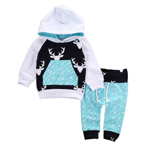 Newborn kids toddler baby boy girl deer hooded tops hoddie+pants outfits set clothes 0-5T free shipiing M033