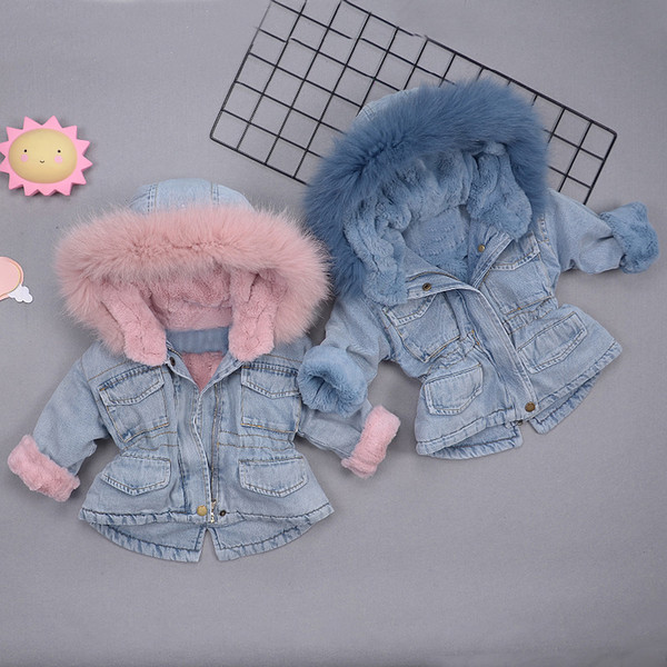 Children's Cowboy Warm Jacket for Boys and Girls Infant Baby Thicken Toddler Jackets 1-5Y Denim Plus Velvet Coat for Cold Winter