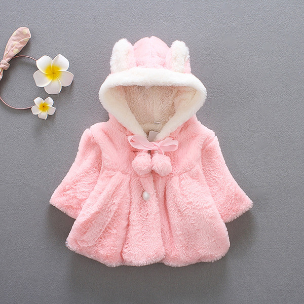 New girls fur cape coral fleece rabbit ears with hood jacket cute hair ball winter furry99920c4