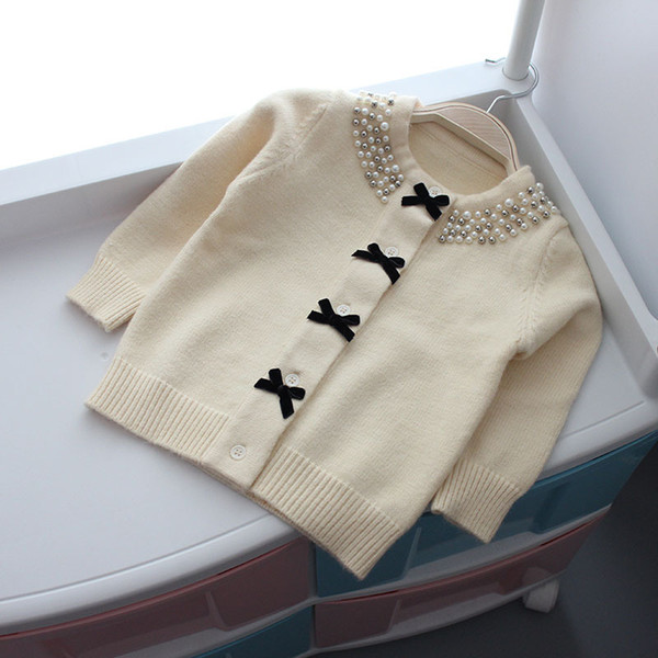 Kids Designer Jacket for Girls Christmas Sweater Autumn Winter Cardigan Woolen Children Sweater Knitted Bow Pearl Girls Clothes Outerwear