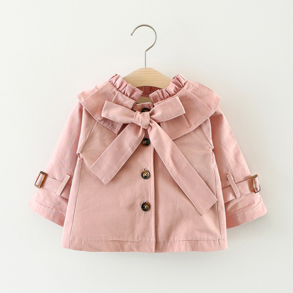 Autumn Baby Girls Solid Long Sleeve Lapel Collar Princess Bow Jacket Coat Children Kids Outerwear Trench Casaco Infantil Menina J190509