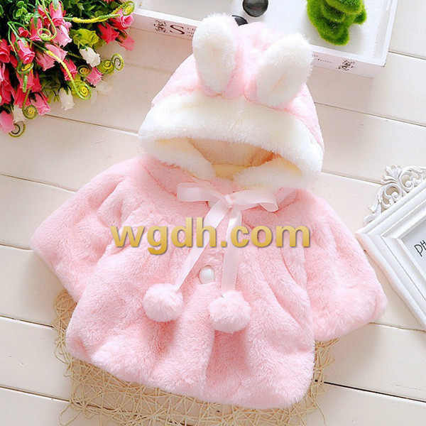 New girls fur cape coral fleece rabbit ears with hood jacket cute hair ball winter furry