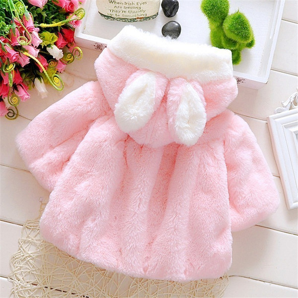 New girls fur cape coral fleece rabbit ears with hood jacket cute hair ball winter furry999c4