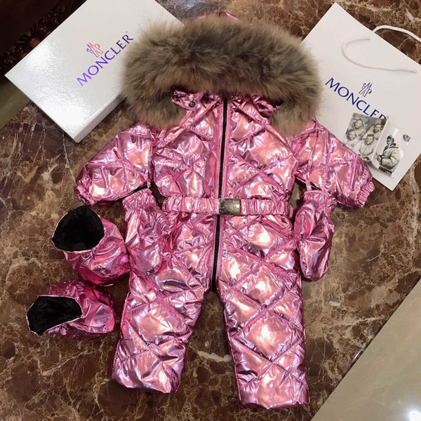 Baby down jacket kids designer clothing winter new baby solid color large fur collar jumpsuit goose down padded suit customs