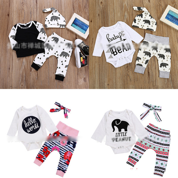 winter children's clothing elephant letter geometry figure camellia stripe BB bear print romper gray black three-piece baby onesies M037