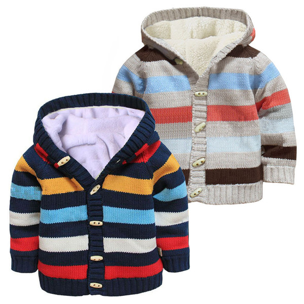 Retail Children stripe sweater coat plus velvet Bullhorn buckle cotton clothing kids designer winter coats jackets Outwear children clothing