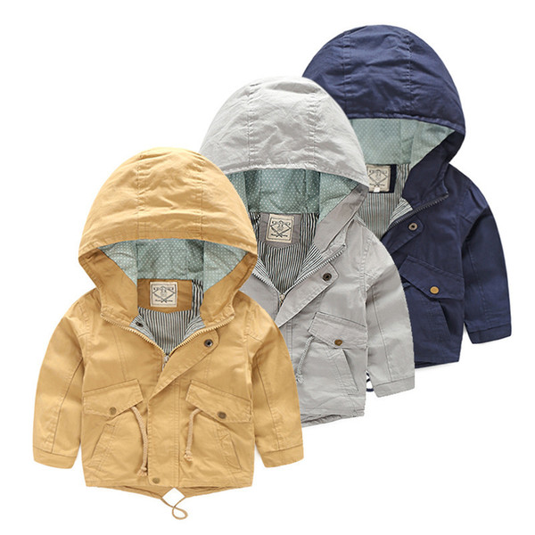 For 2-9 Yrs Baby Boy Jacket Coat Kids Hooded Windbreaker Cotton Outerwear Spring Autumn Casual Clothing Solid Color Children