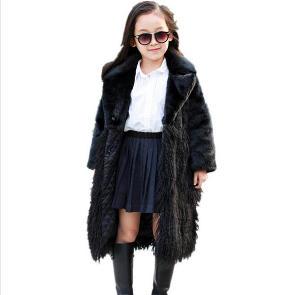 Black Winter Girls Faux Fur Coat Warm Teenage Jacket Snowsuit Outerwear Baby Children girl Clothes Fake Fur Overcoats clothing