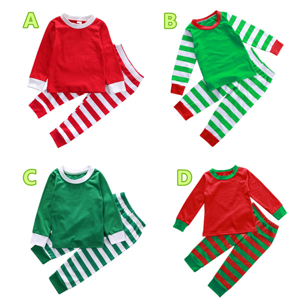 2018 Baby Christmas pajamas kids nightwear top+pants baby boy girl 2 pieces outfits cotton solid color striped XMAS kid clothing