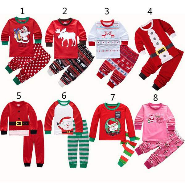 8 Style Boys Girls Christmas Pajamas 2018 New Children Cartoon Santa Claus elk long sleeve tops + Pants 2pcs sets Suits B001