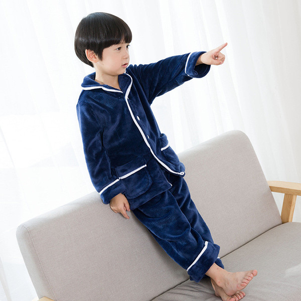 Children solid pajamas flannel sets navy blue and pink nightwear for 3-12 years child