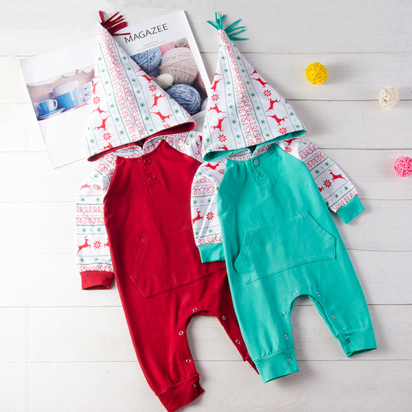 Cute Christmas Baby Girls Boys Reindeer Hooded Jumpsuit Romper Long Sleeve Red Green Pajamas Clothes Bodysuit Xmas Cute Baby Clothing 0-24M