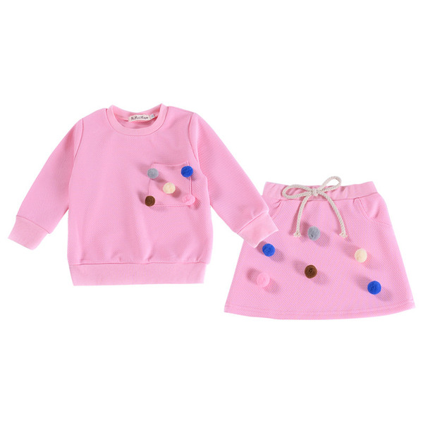 Korean Style 2pcs Girls Clothing Set Long Sleeve Baby Girls Tees Skirt Set Pom Fashion Girls Outfit