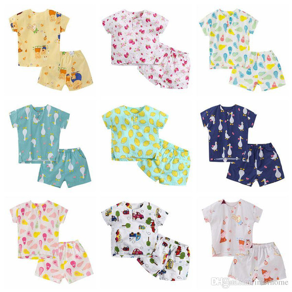 INS Printed Pajamas Baby Cartoon Nightwears Kids Summer Cotton Top Pants Clothing Set Underwear Cute Lemon Pear Animals Pattern Pajamas H178