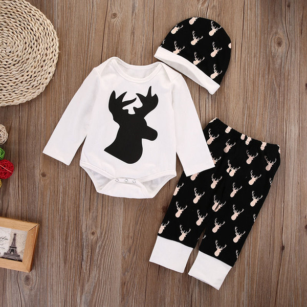 Newborn Baby Boy Girl Deer Tops Romper Pants Legging Hat Outfits Clothes Set 0-18M Reindeer 3 Pieces Outfit Cotton Kids Clothing Set Xmas