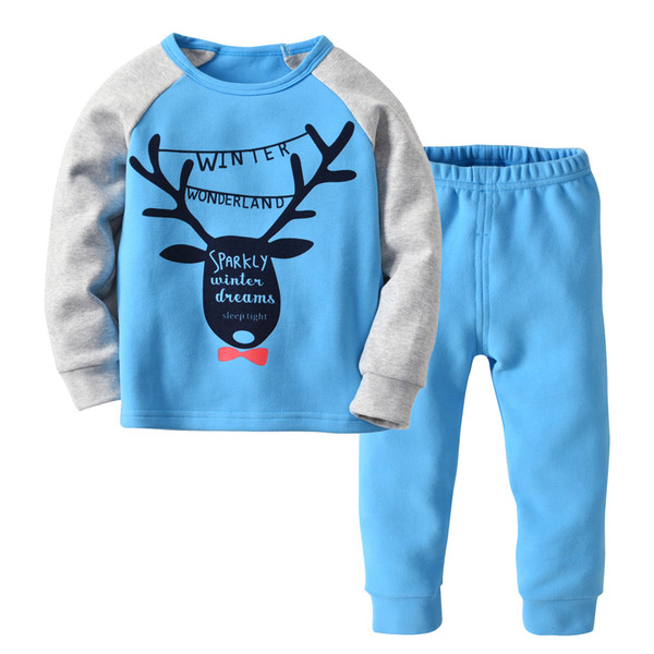 New children's home service Small children's sleepy sanding cotton Christmas set Blue home pajamas set E15