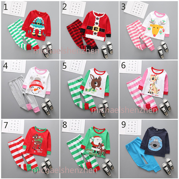 33 Design Boys Girls Christmas Pajamas 2018 New Children Santa Claus elk crocodile cartoon long sleeve tops + Pants 2pcs sets Suits B001