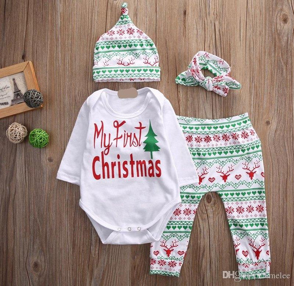 2017 Newborn Christmas 4PCS Outfits Infant Deer deer snowflake Autumn Winter Clothes Romper Pants hat headband Pajamas 0-2years