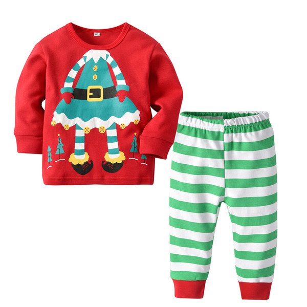 Christmas Santa Claus Children Boys Girls Cotton Pajamas Set Long Sleeve Toddler Baby Kids Tops + Striped Pants Clothing Set