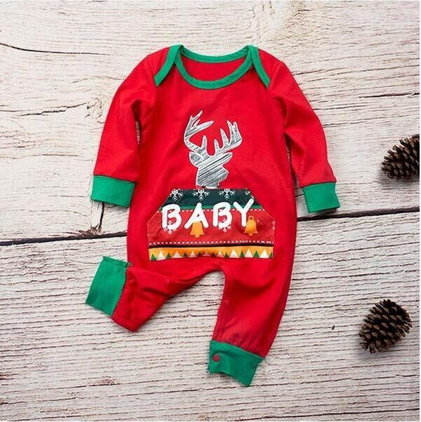 2018 Christmas Baby Girls Boys Reindeer Geometric Pajamas Clothes Long Sleeve Red Green Bodysuit Romper Xmas Cute Baby Clothing 0-24M