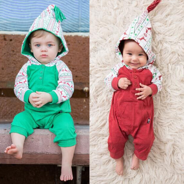 2018 Christmas Baby Girls Boys Reindeer Hooded Jumpsuit Romper Long Sleeve Red Green Pajamas Clothes Bodysuit Xmas Cute Baby Clothing 0-24M