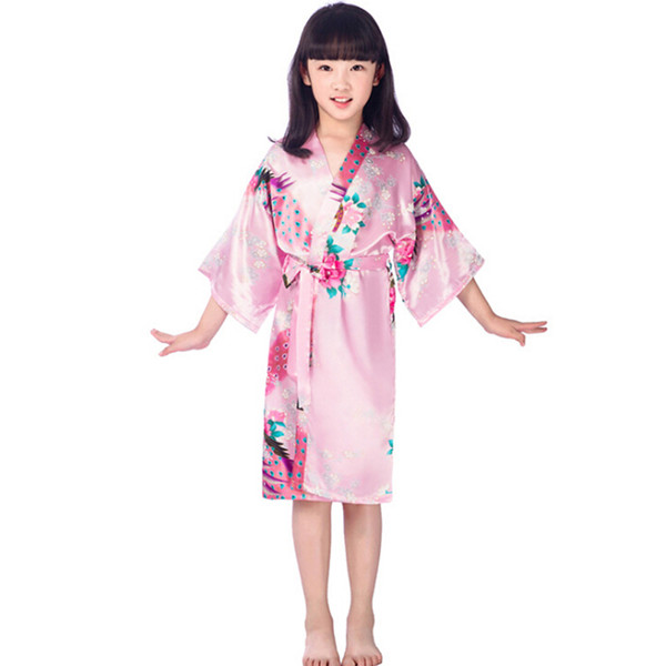 11 colors Girls satin kimono robes wedding bridesmaid party girls silk bathrobes peacock nightgown sleepwear solid girls robres quality hot