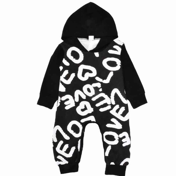 Wholesales Winter Fall Infant Jumpsuit Letters Printed Long Sleeve Newborn Outfit Fashion Kids Hooded Jumpsuit Free Shipment